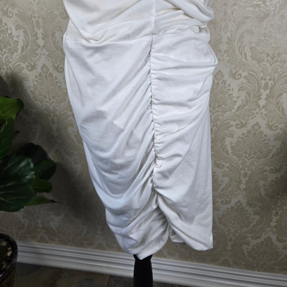 Athleta Size Large White T-Shirt Jersey Knit Dress Ruched Skirt Casual V-Neck - Picture 7 of 16